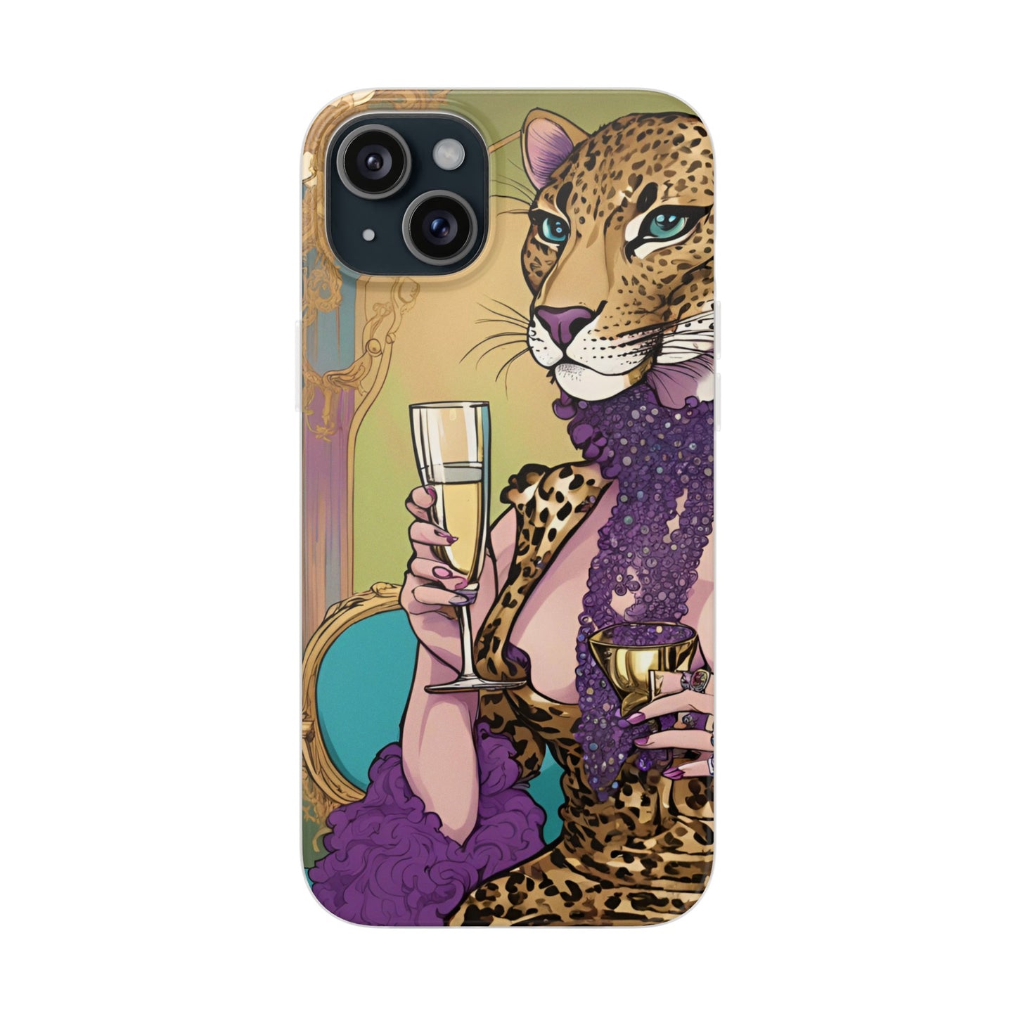 Whimsical Leopard Cat Flexi Phone Case, iPhone 15 14 13 , Samsung Galaxy Pixel Protective Case,Cat Lover Gift, Cat Lover Phone Case,Gift for her.