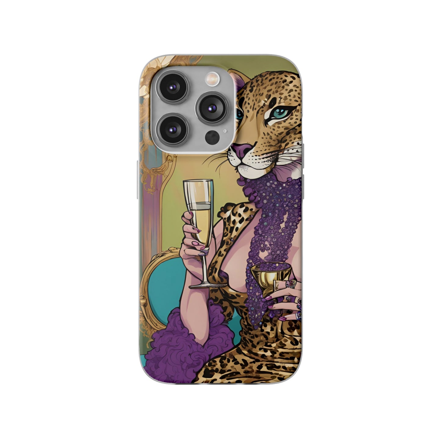 Whimsical Leopard Cat Flexi Phone Case, iPhone 15 14 13 , Samsung Galaxy Pixel Protective Case,Cat Lover Gift, Cat Lover Phone Case,Gift for her.