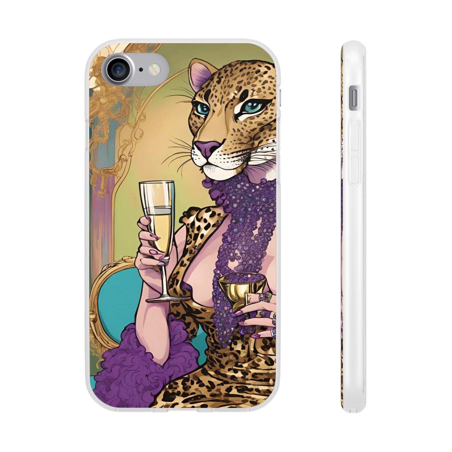 Whimsical Leopard Cat Flexi Phone Case, iPhone 15 14 13 , Samsung Galaxy Pixel Protective Case,Cat Lover Gift, Cat Lover Phone Case,Gift for her.