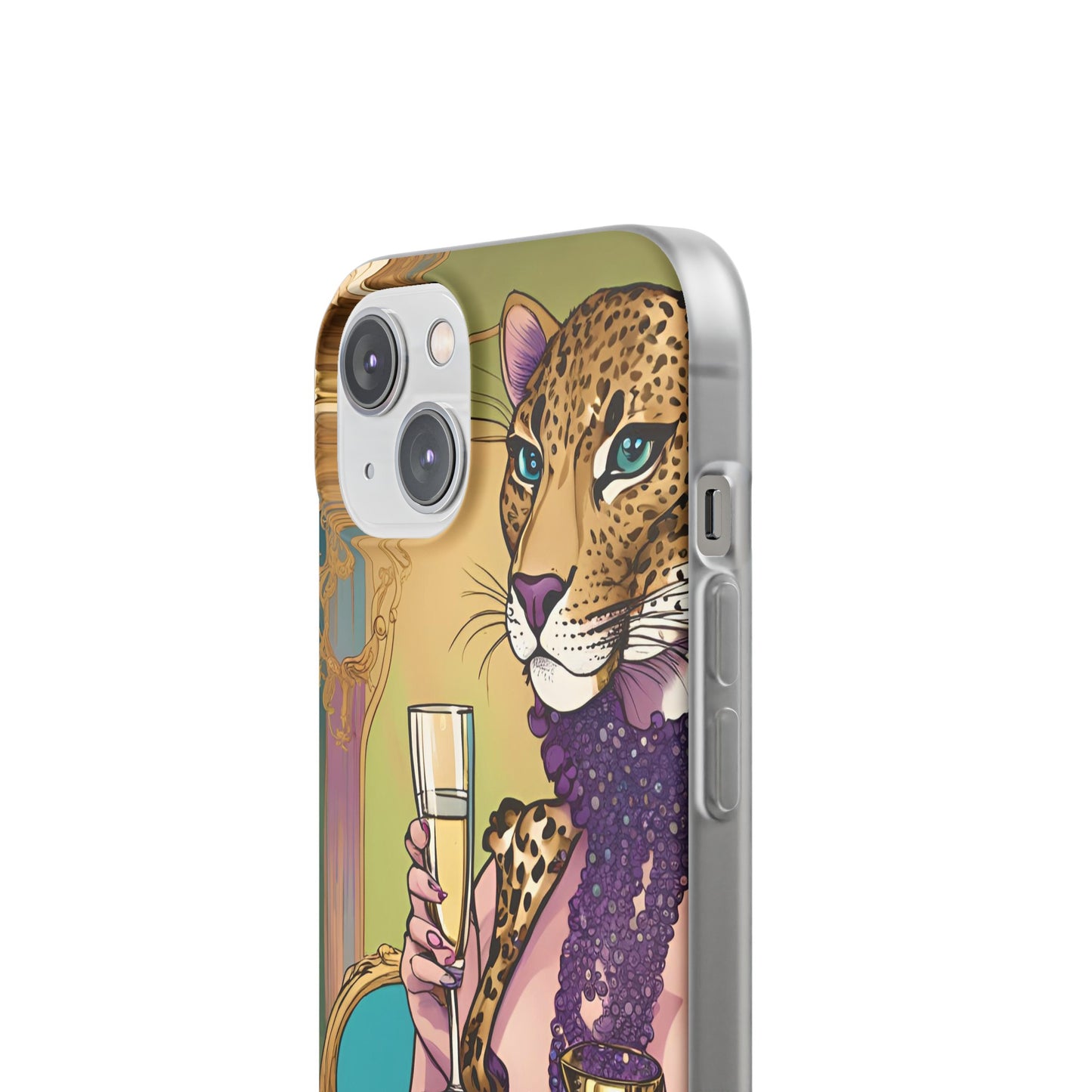 Whimsical Leopard Cat Flexi Phone Case, iPhone 15 14 13 , Samsung Galaxy Pixel Protective Case,Cat Lover Gift, Cat Lover Phone Case,Gift for her.