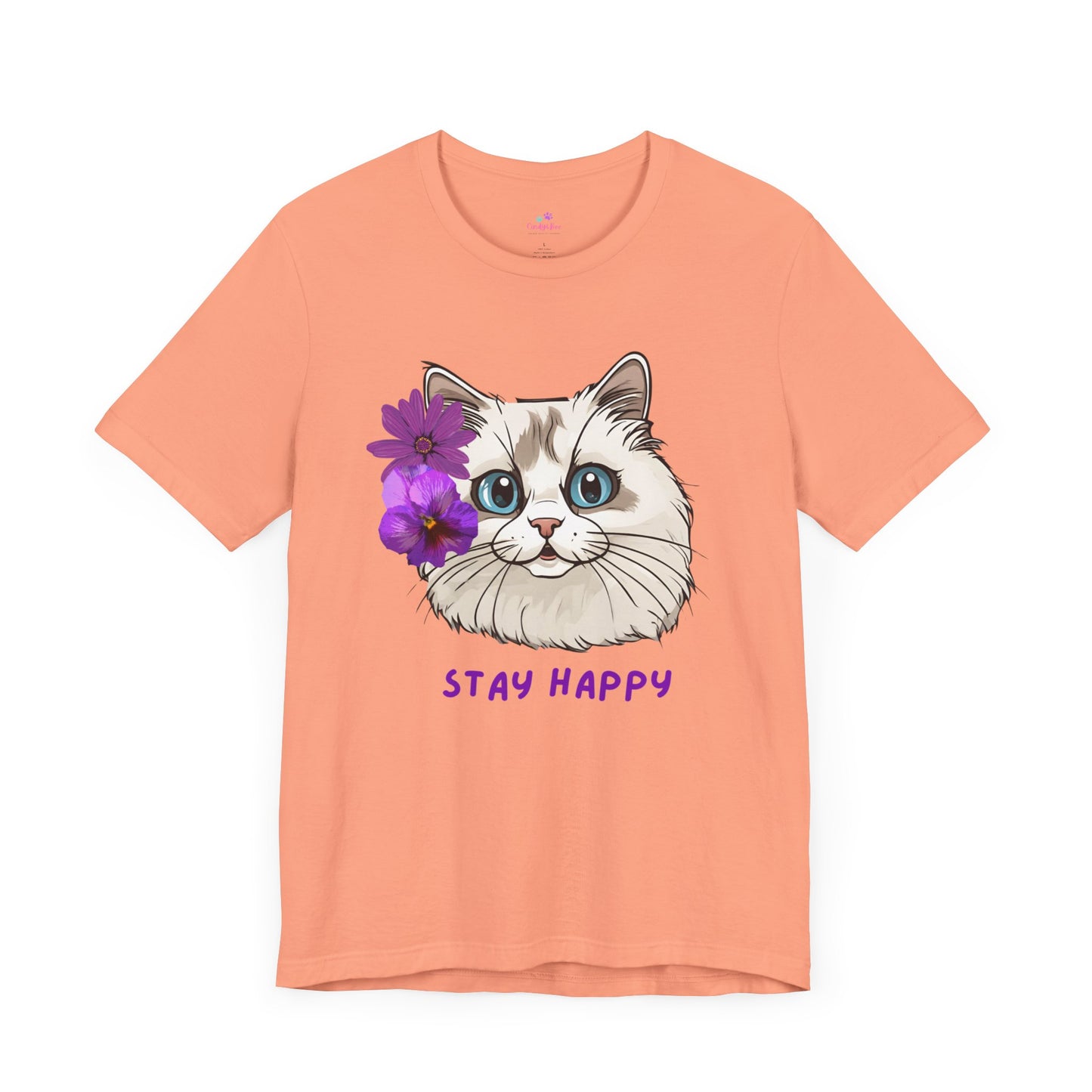 Cute Cat T-Shirt, Ragdoll Floral T-Shirt, Stay Happy Cotton T-Shirt