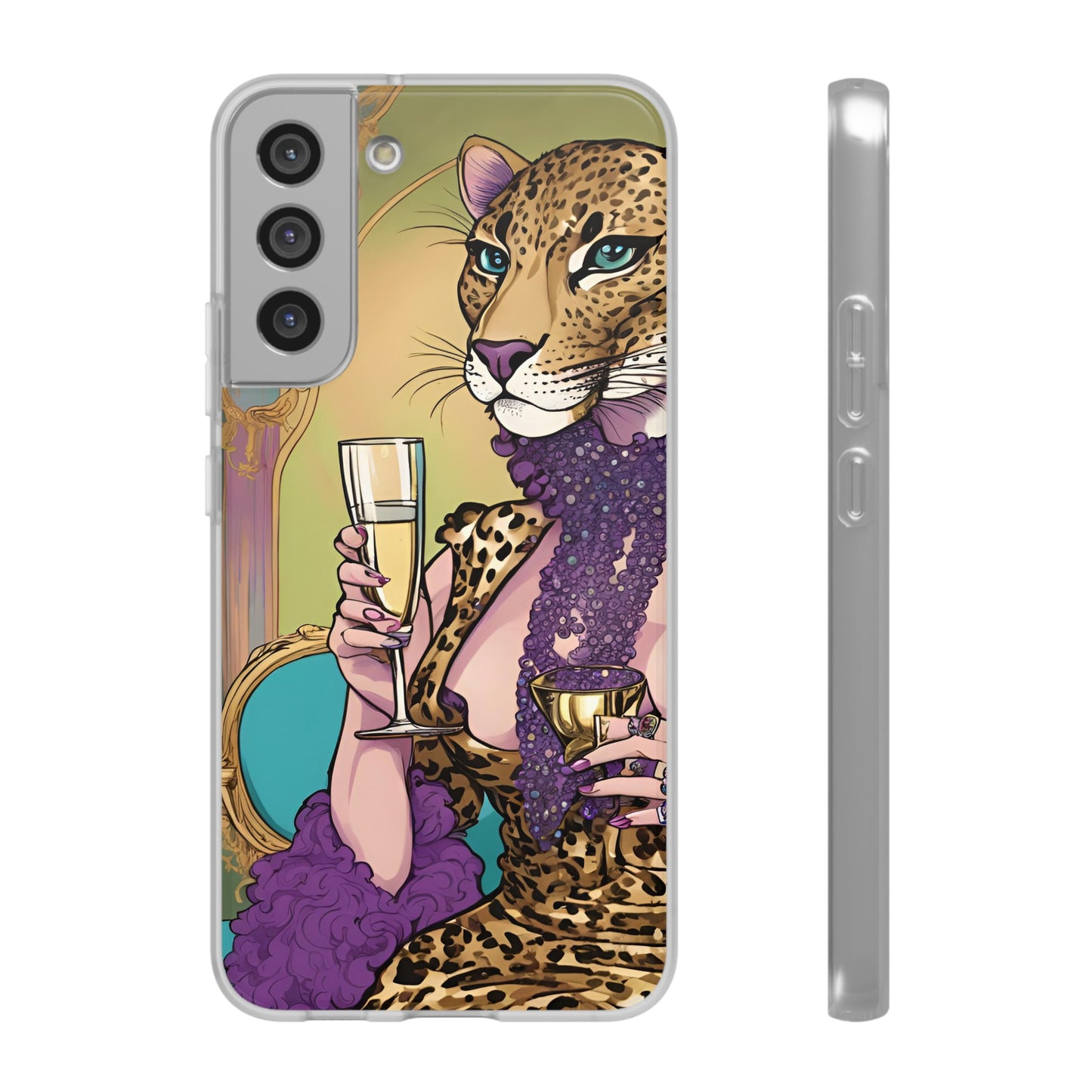 Whimsical Leopard Cat Flexi Phone Case, iPhone 15 14 13 , Samsung Galaxy Pixel Protective Case,Cat Lover Gift, Cat Lover Phone Case,Gift for her.