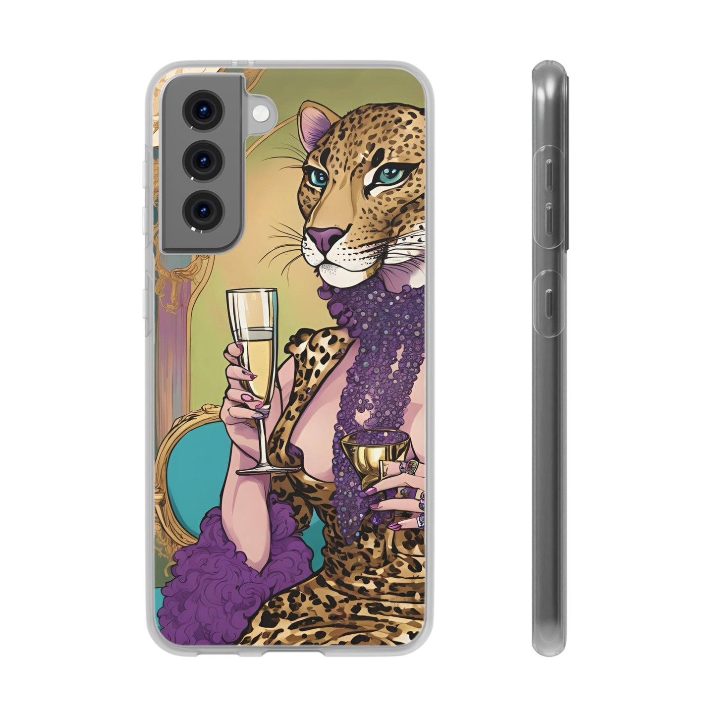 Whimsical Leopard Cat Flexi Phone Case, iPhone 15 14 13 , Samsung Galaxy Pixel Protective Case,Cat Lover Gift, Cat Lover Phone Case,Gift for her.