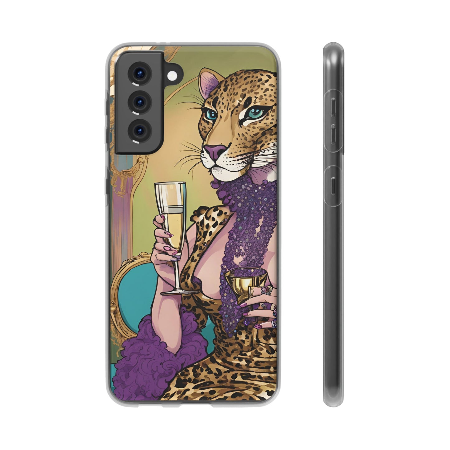 Whimsical Leopard Cat Flexi Phone Case, iPhone 15 14 13 , Samsung Galaxy Pixel Protective Case,Cat Lover Gift, Cat Lover Phone Case,Gift for her.