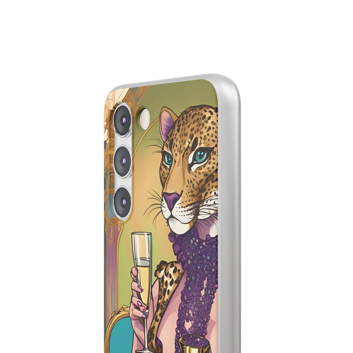 Whimsical Leopard Cat Flexi Phone Case, iPhone 15 14 13 , Samsung Galaxy Pixel Protective Case,Cat Lover Gift, Cat Lover Phone Case,Gift for her.