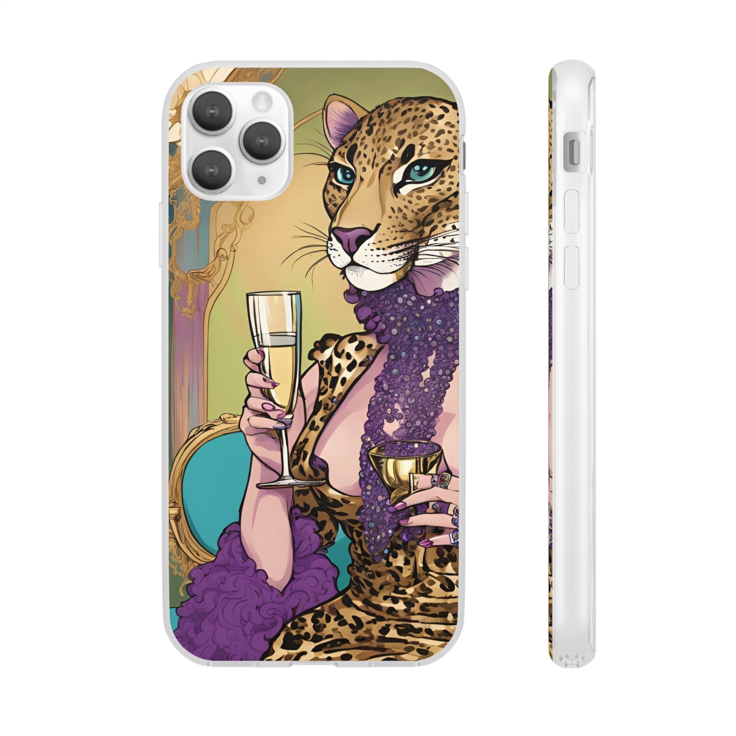 Whimsical Leopard Cat Flexi Phone Case, iPhone 15 14 13 , Samsung Galaxy Pixel Protective Case,Cat Lover Gift, Cat Lover Phone Case,Gift for her.