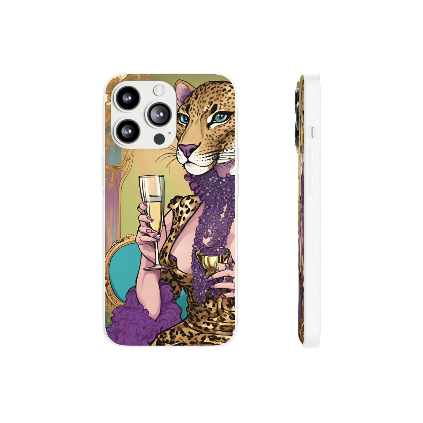 Whimsical Leopard Cat Flexi Phone Case, iPhone 15 14 13 , Samsung Galaxy Pixel Protective Case,Cat Lover Gift, Cat Lover Phone Case,Gift for her.