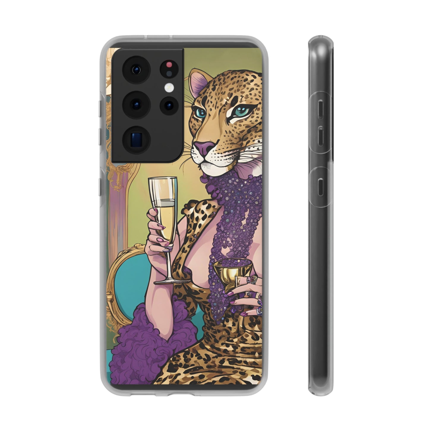 Whimsical Leopard Cat Flexi Phone Case, iPhone 15 14 13 , Samsung Galaxy Pixel Protective Case,Cat Lover Gift, Cat Lover Phone Case,Gift for her.