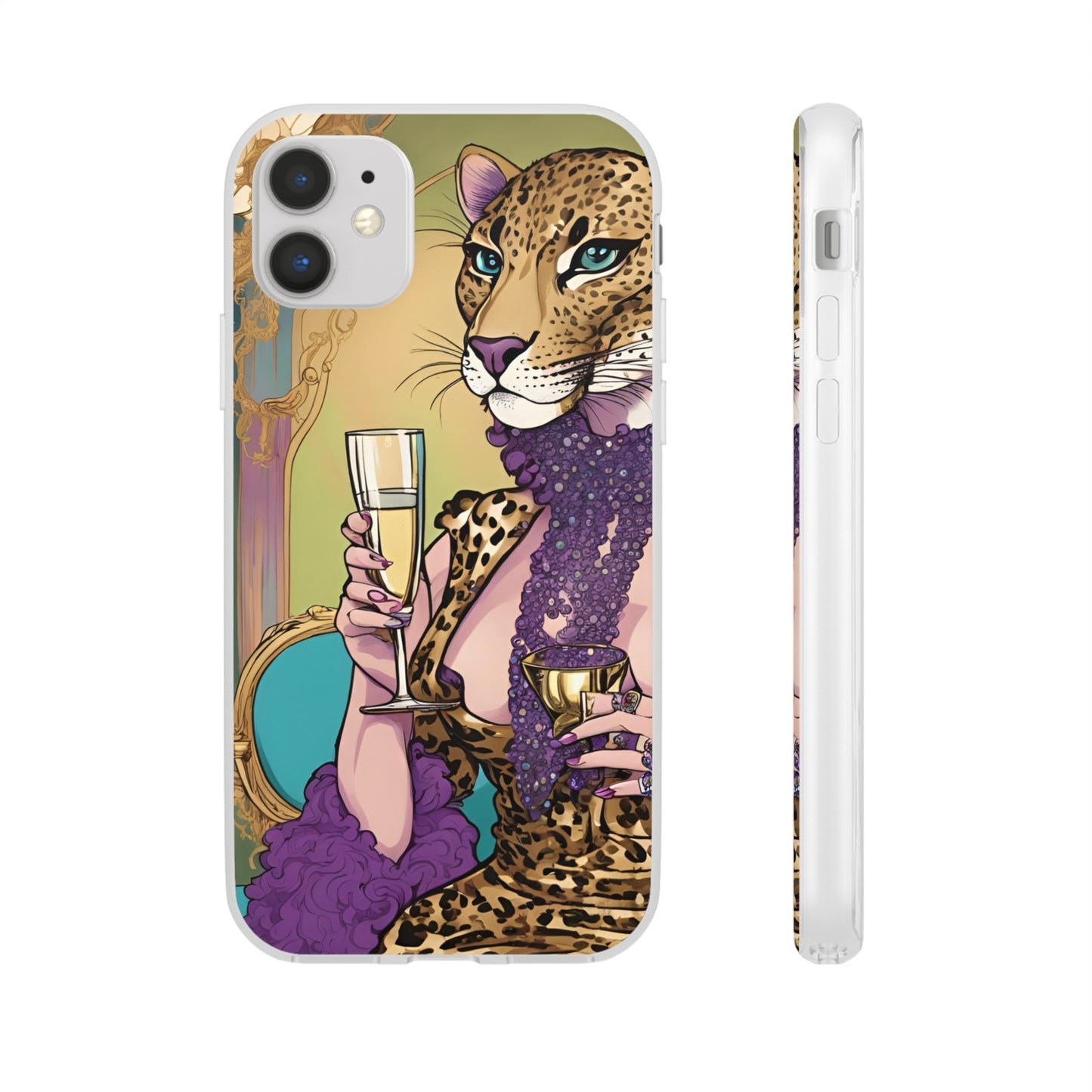 Whimsical Leopard Cat Flexi Phone Case, iPhone 15 14 13 , Samsung Galaxy Pixel Protective Case,Cat Lover Gift, Cat Lover Phone Case,Gift for her.