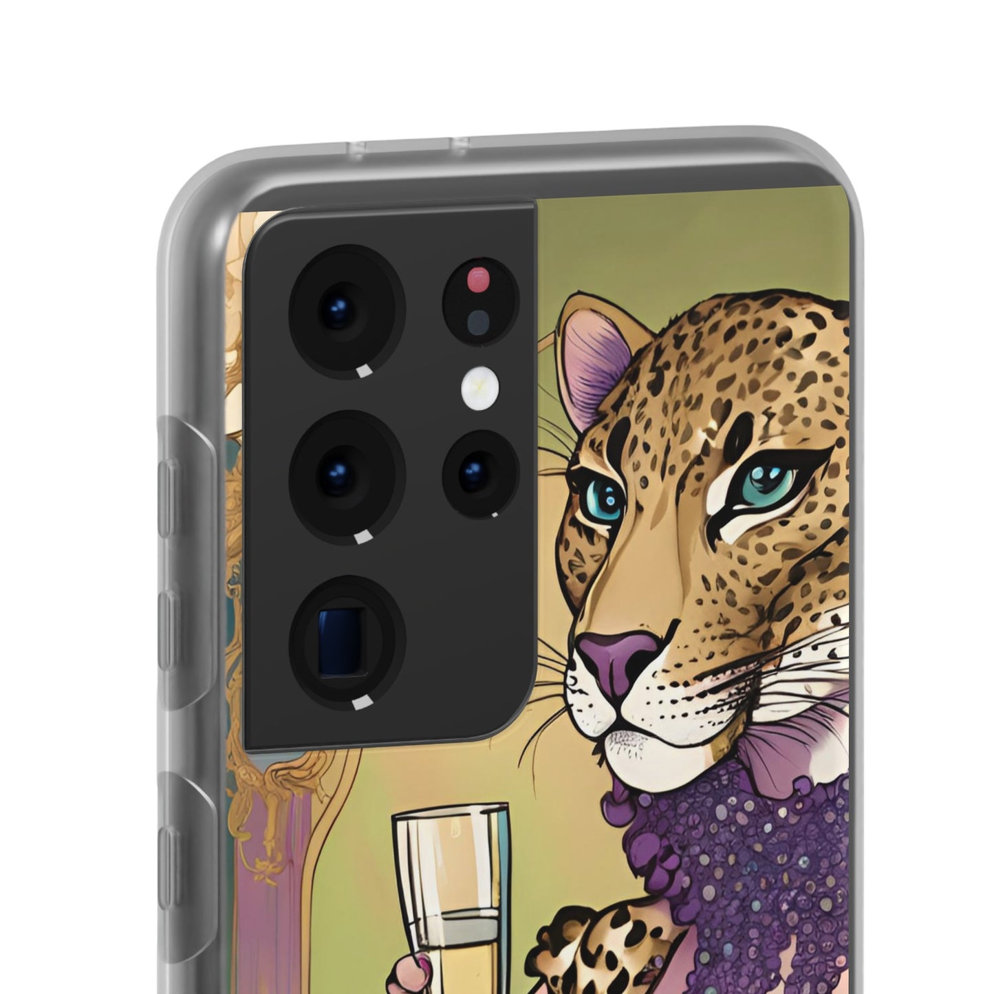 Whimsical Leopard Cat Flexi Phone Case, iPhone 15 14 13 , Samsung Galaxy Pixel Protective Case,Cat Lover Gift, Cat Lover Phone Case,Gift for her.