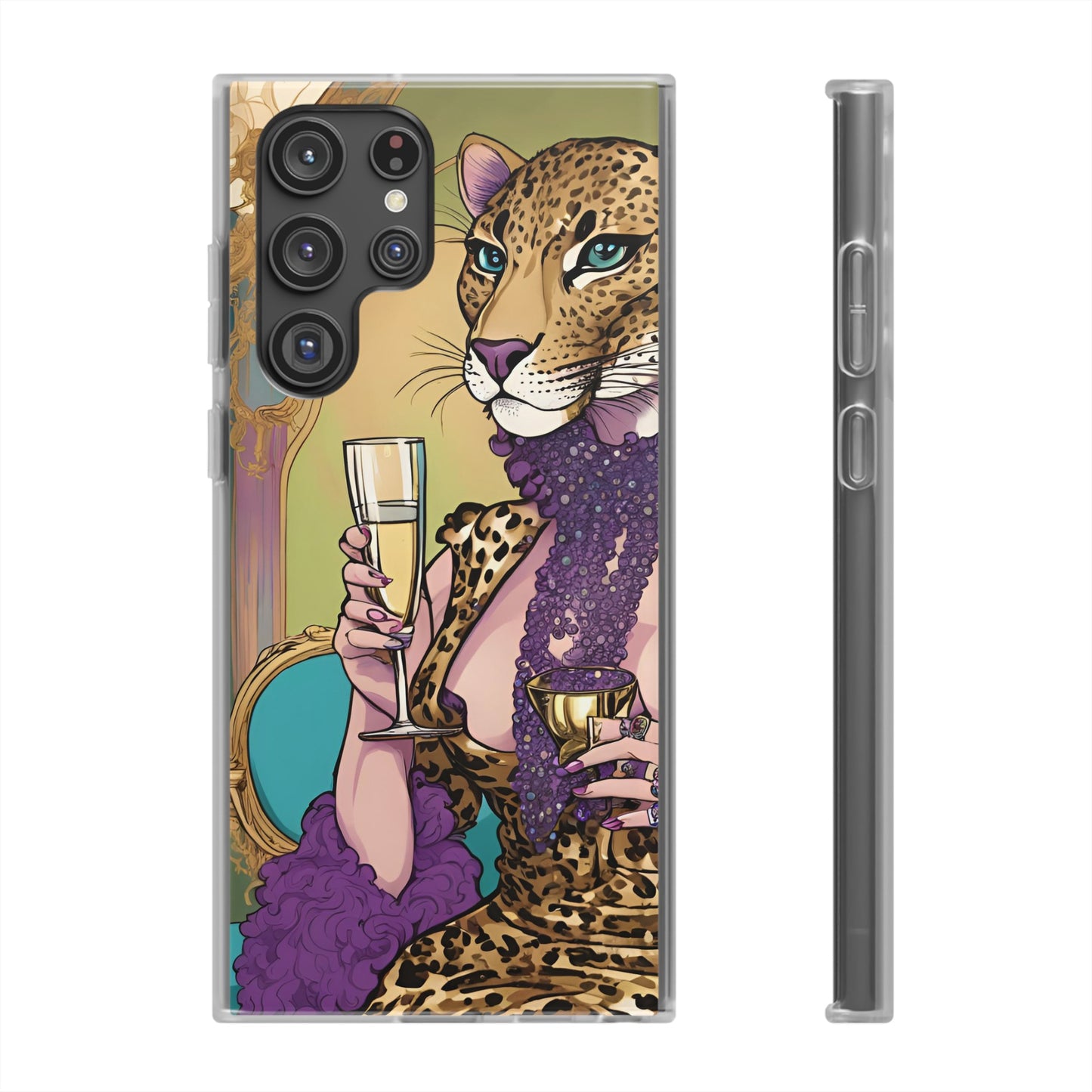 Whimsical Leopard Cat Flexi Phone Case, iPhone 15 14 13 , Samsung Galaxy Pixel Protective Case,Cat Lover Gift, Cat Lover Phone Case,Gift for her.