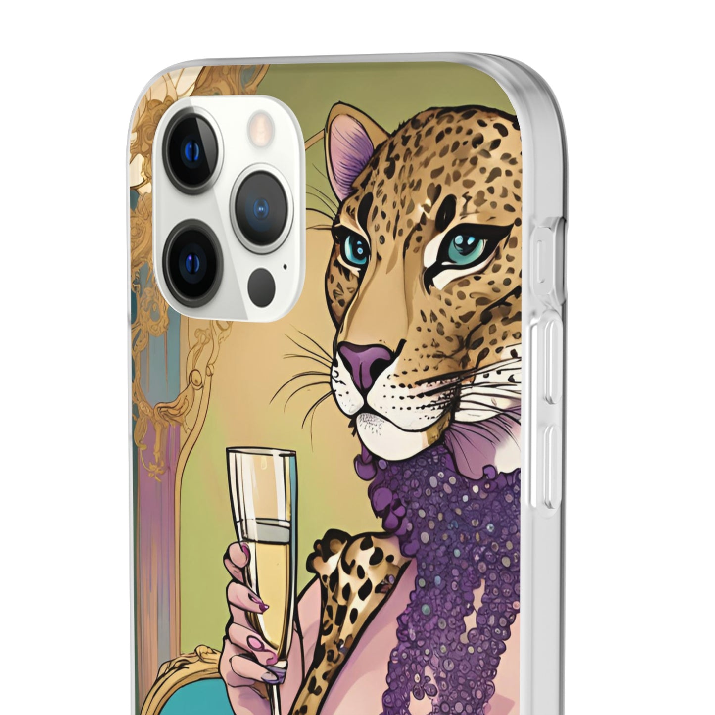 Whimsical Leopard Cat Flexi Phone Case, iPhone 15 14 13 , Samsung Galaxy Pixel Protective Case,Cat Lover Gift, Cat Lover Phone Case,Gift for her.