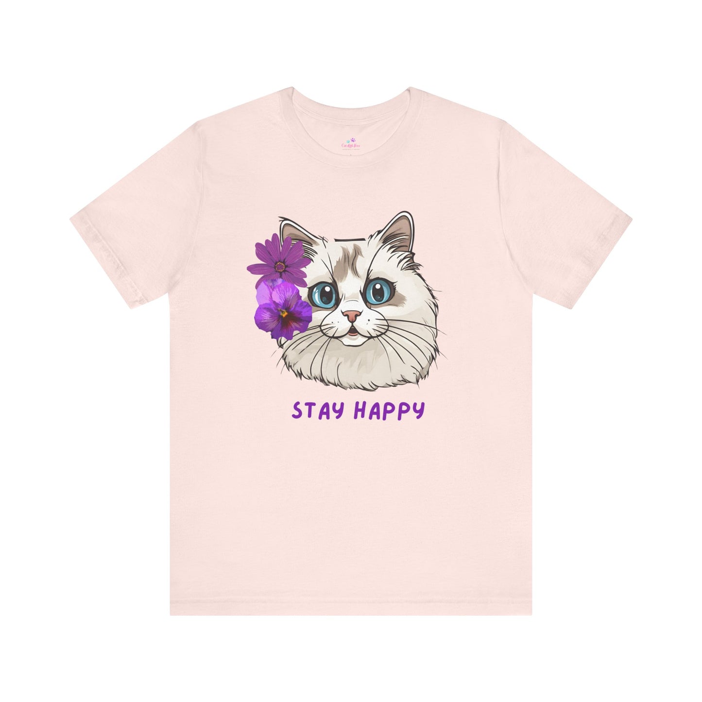 Cute Cat T-Shirt, Ragdoll Floral T-Shirt, Stay Happy Cotton T-Shirt