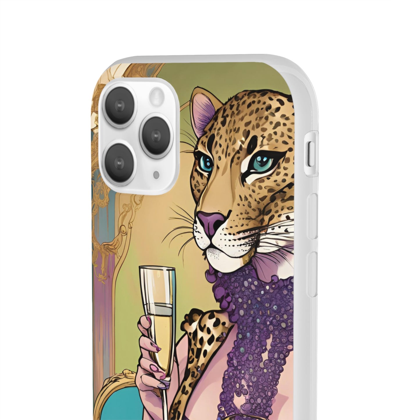 Whimsical Leopard Cat Flexi Phone Case, iPhone 15 14 13 , Samsung Galaxy Pixel Protective Case,Cat Lover Gift, Cat Lover Phone Case,Gift for her.