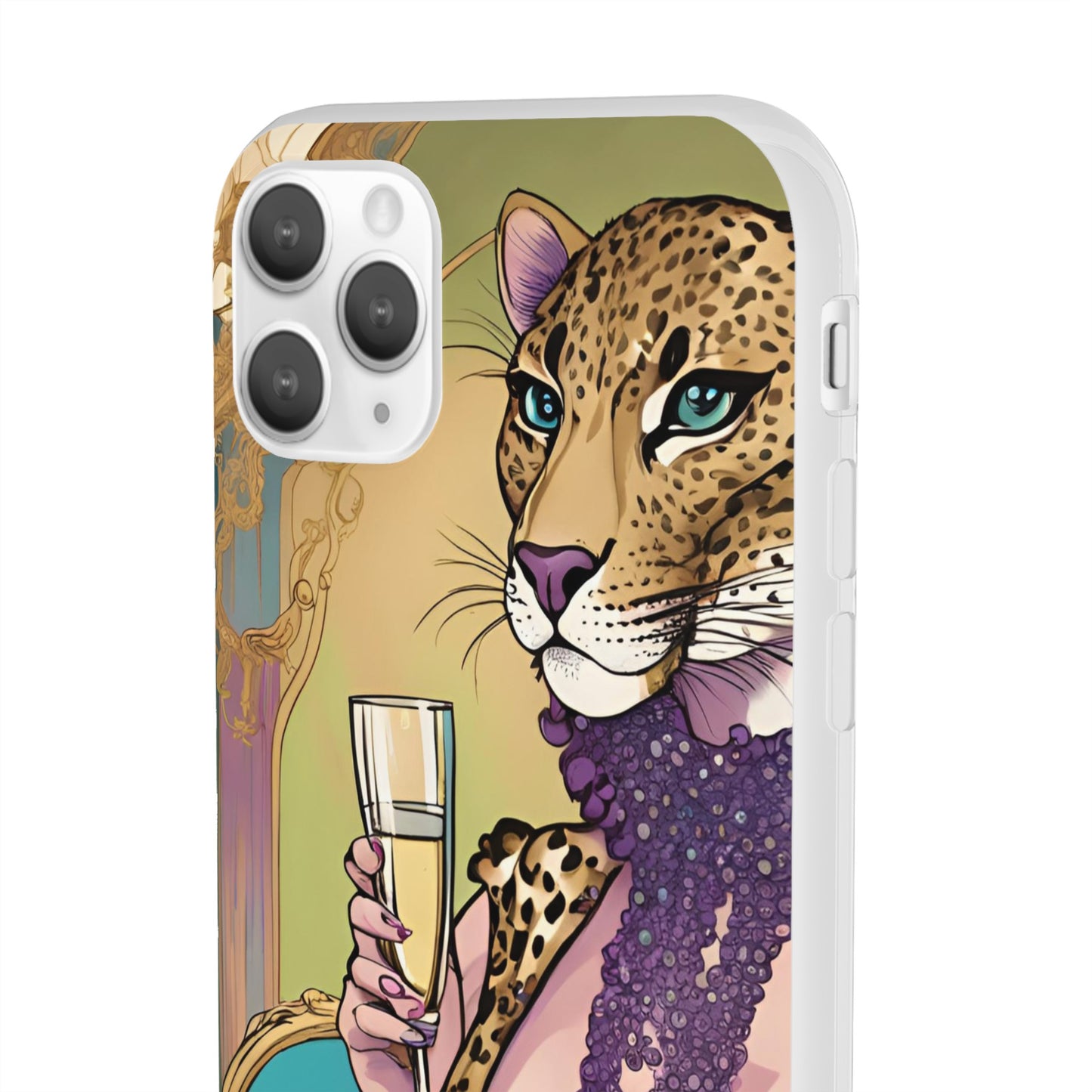 Whimsical Leopard Cat Flexi Phone Case, iPhone 15 14 13 , Samsung Galaxy Pixel Protective Case,Cat Lover Gift, Cat Lover Phone Case,Gift for her.