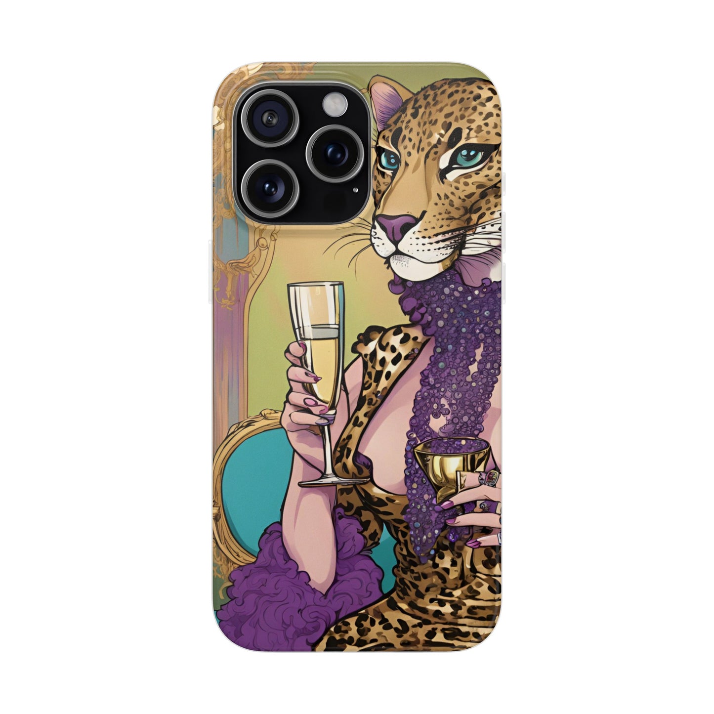 Whimsical Leopard Cat Flexi Phone Case, iPhone 15 14 13 , Samsung Galaxy Pixel Protective Case,Cat Lover Gift, Cat Lover Phone Case,Gift for her.