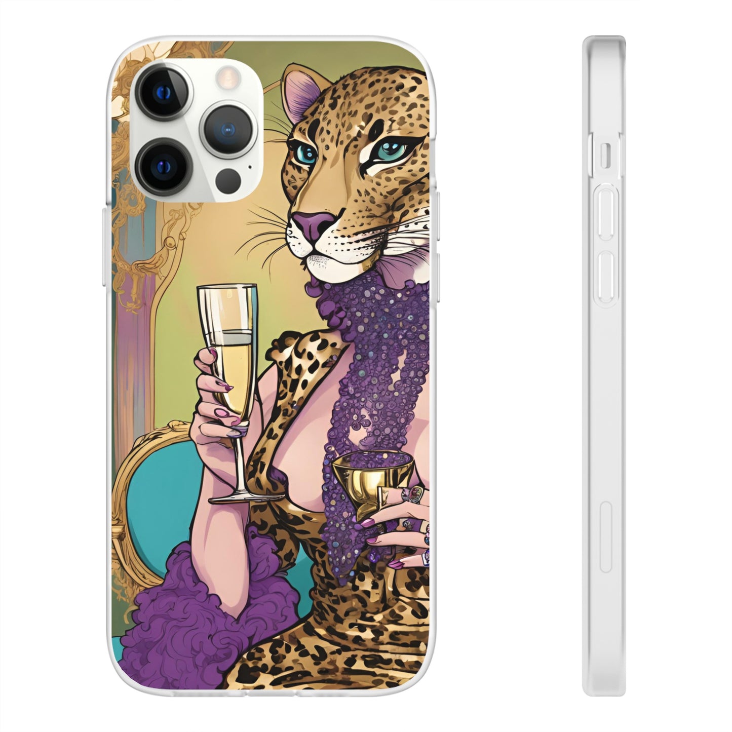 Whimsical Leopard Cat Flexi Phone Case, iPhone 15 14 13 , Samsung Galaxy Pixel Protective Case,Cat Lover Gift, Cat Lover Phone Case,Gift for her.