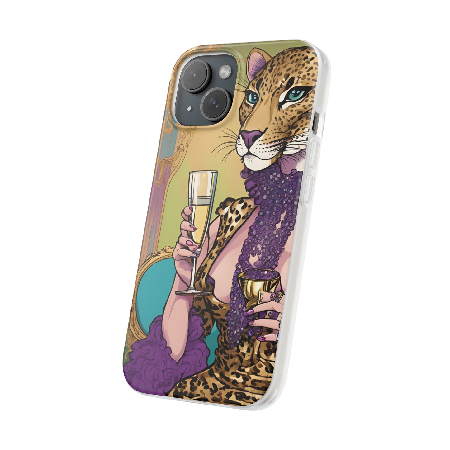 Whimsical Leopard Cat Flexi Phone Case, iPhone 15 14 13 , Samsung Galaxy Pixel Protective Case,Cat Lover Gift, Cat Lover Phone Case,Gift for her.