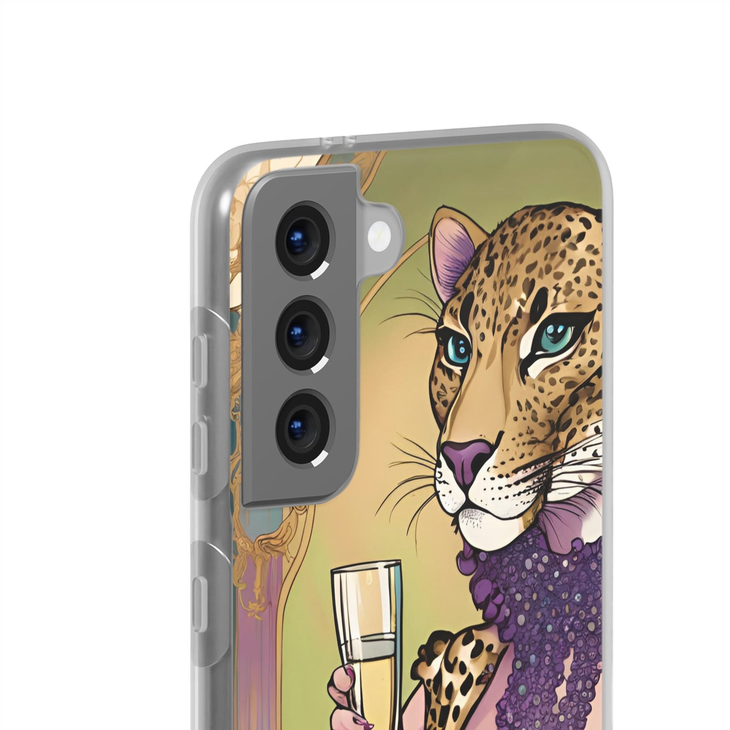 Whimsical Leopard Cat Flexi Phone Case, iPhone 15 14 13 , Samsung Galaxy Pixel Protective Case,Cat Lover Gift, Cat Lover Phone Case,Gift for her.