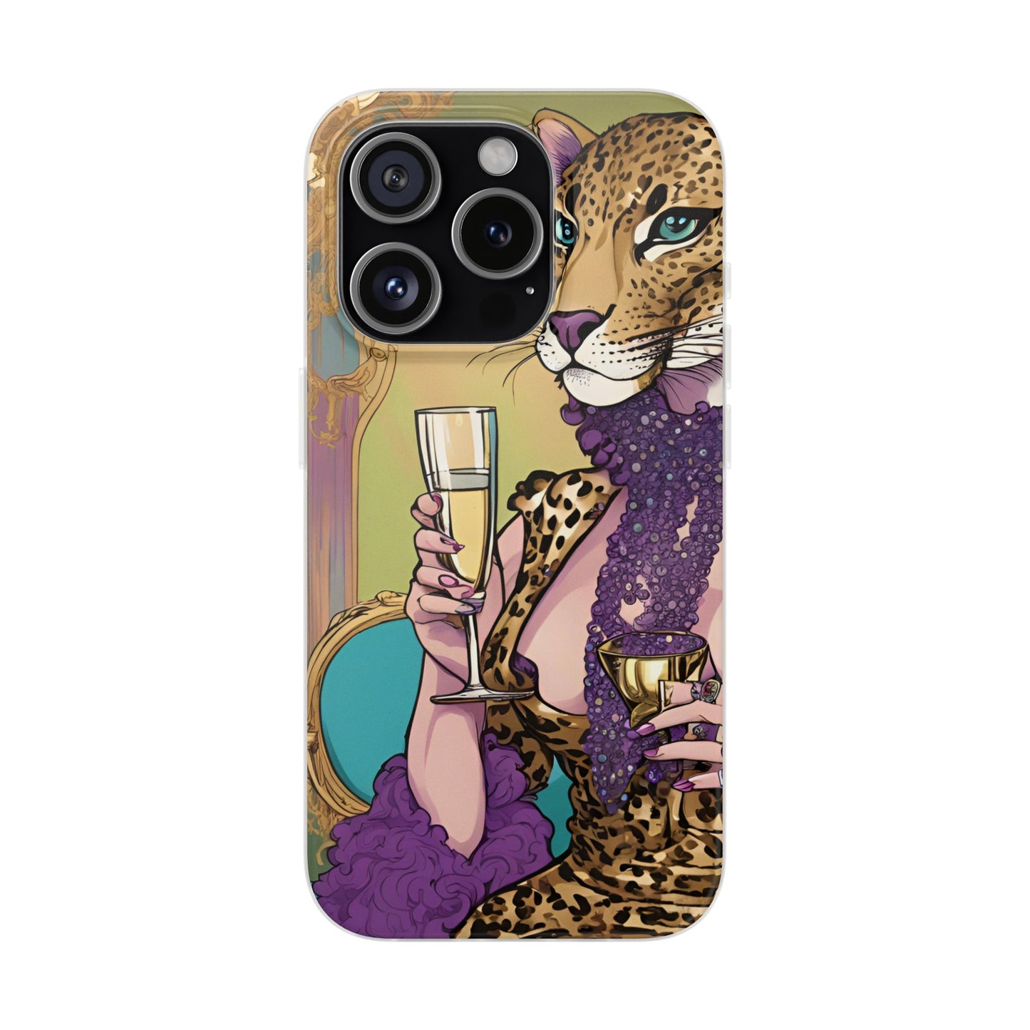 Whimsical Leopard Cat Flexi Phone Case, iPhone 15 14 13 , Samsung Galaxy Pixel Protective Case,Cat Lover Gift, Cat Lover Phone Case,Gift for her.