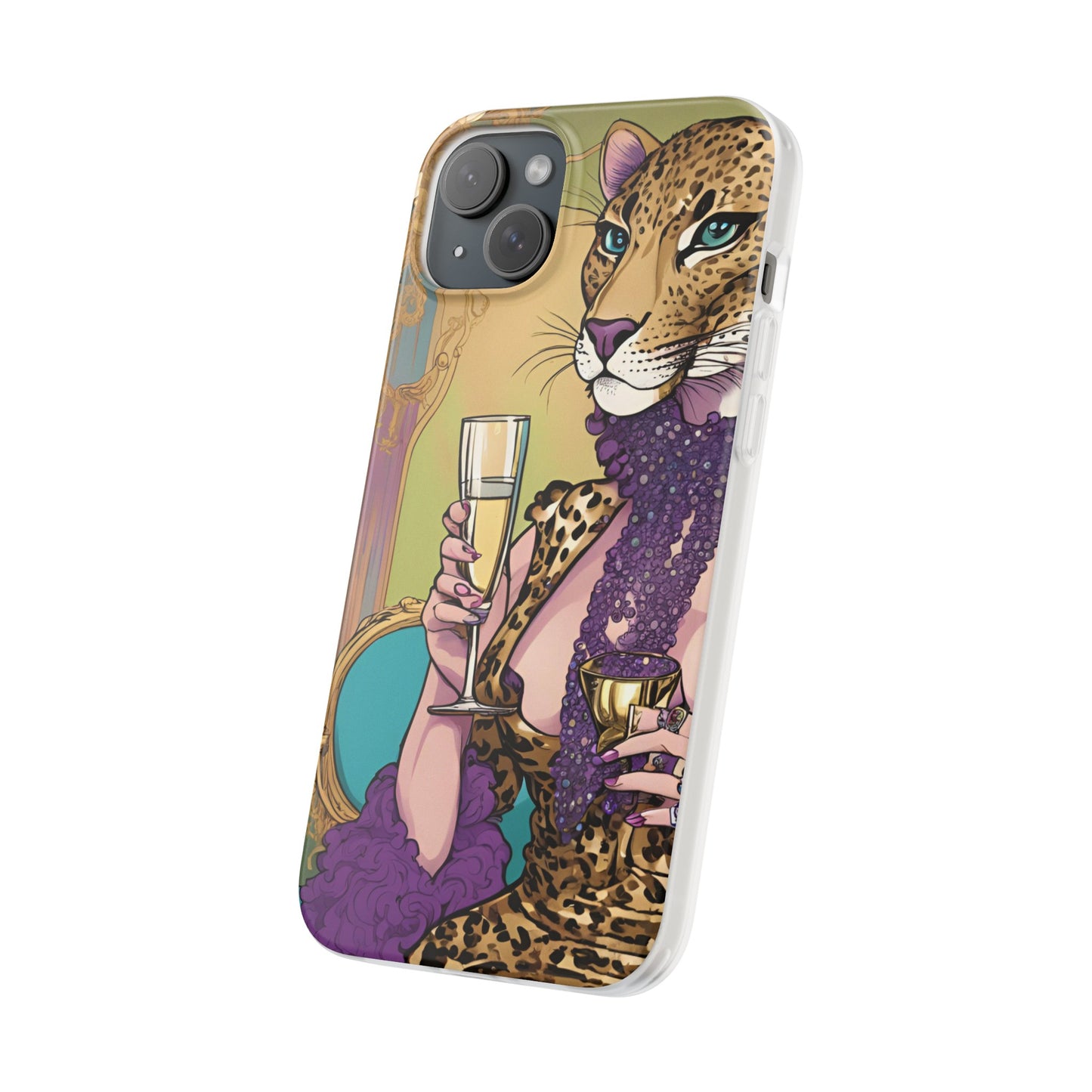 Whimsical Leopard Cat Flexi Phone Case, iPhone 15 14 13 , Samsung Galaxy Pixel Protective Case,Cat Lover Gift, Cat Lover Phone Case,Gift for her.