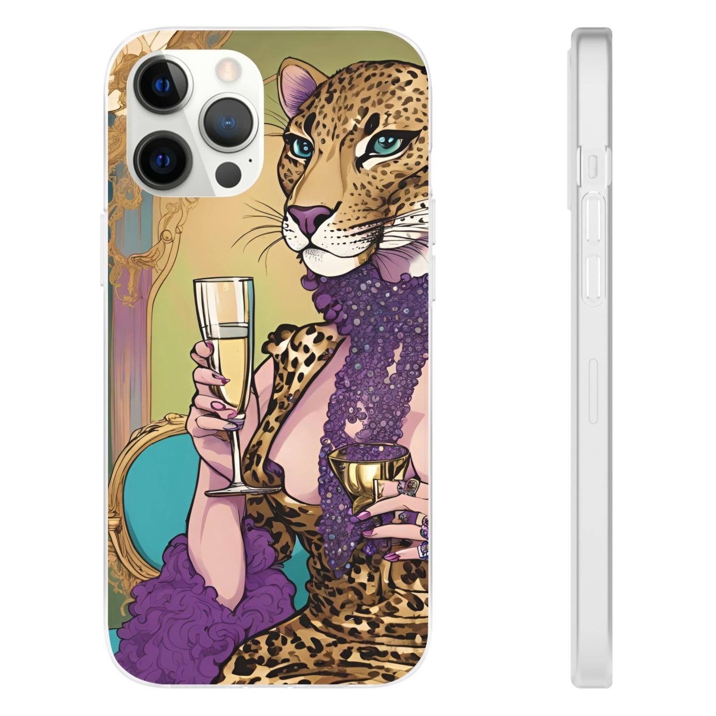 Whimsical Leopard Cat Flexi Phone Case, iPhone 15 14 13 , Samsung Galaxy Pixel Protective Case,Cat Lover Gift, Cat Lover Phone Case,Gift for her.