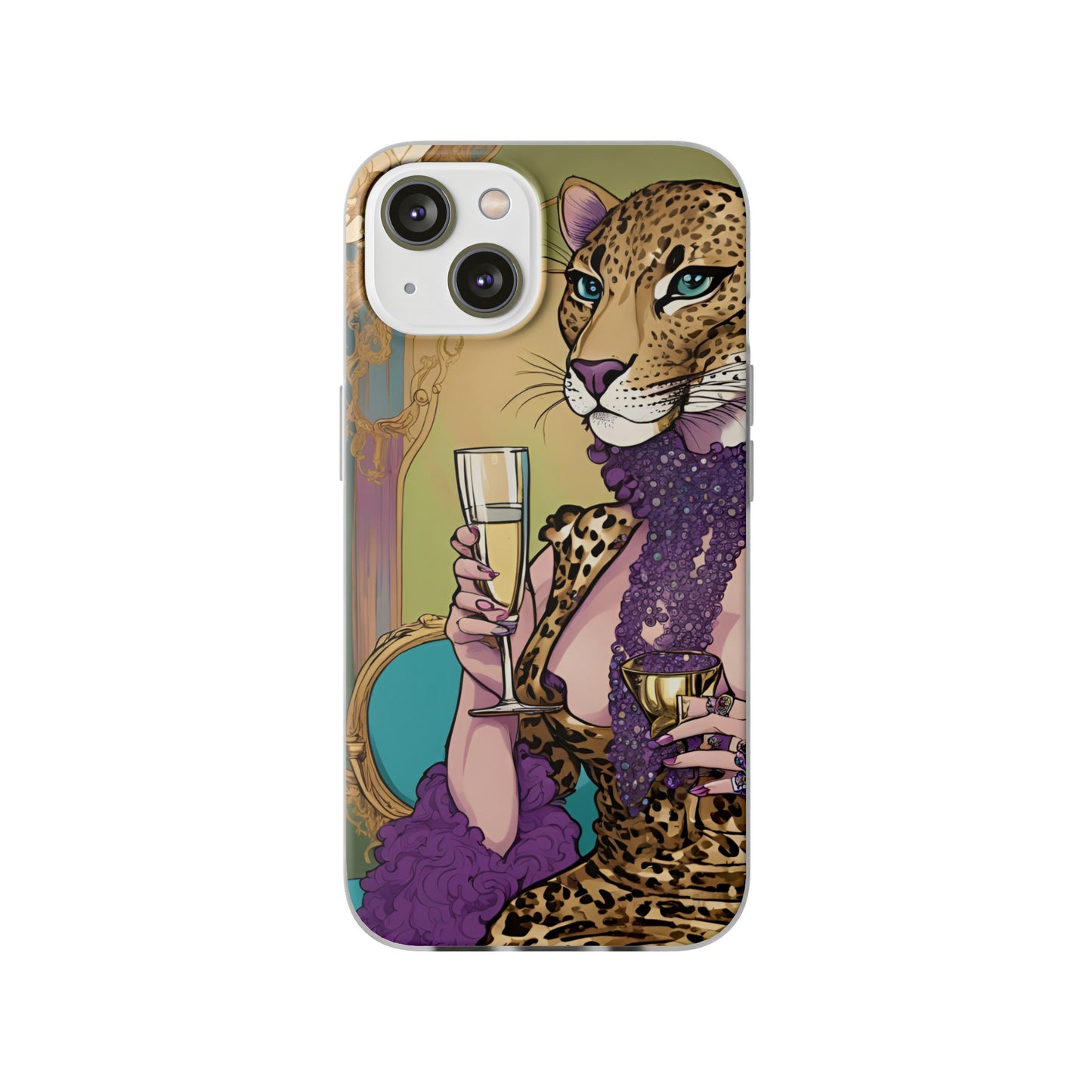 Whimsical Leopard Cat Flexi Phone Case, iPhone 15 14 13 , Samsung Galaxy Pixel Protective Case,Cat Lover Gift, Cat Lover Phone Case,Gift for her.