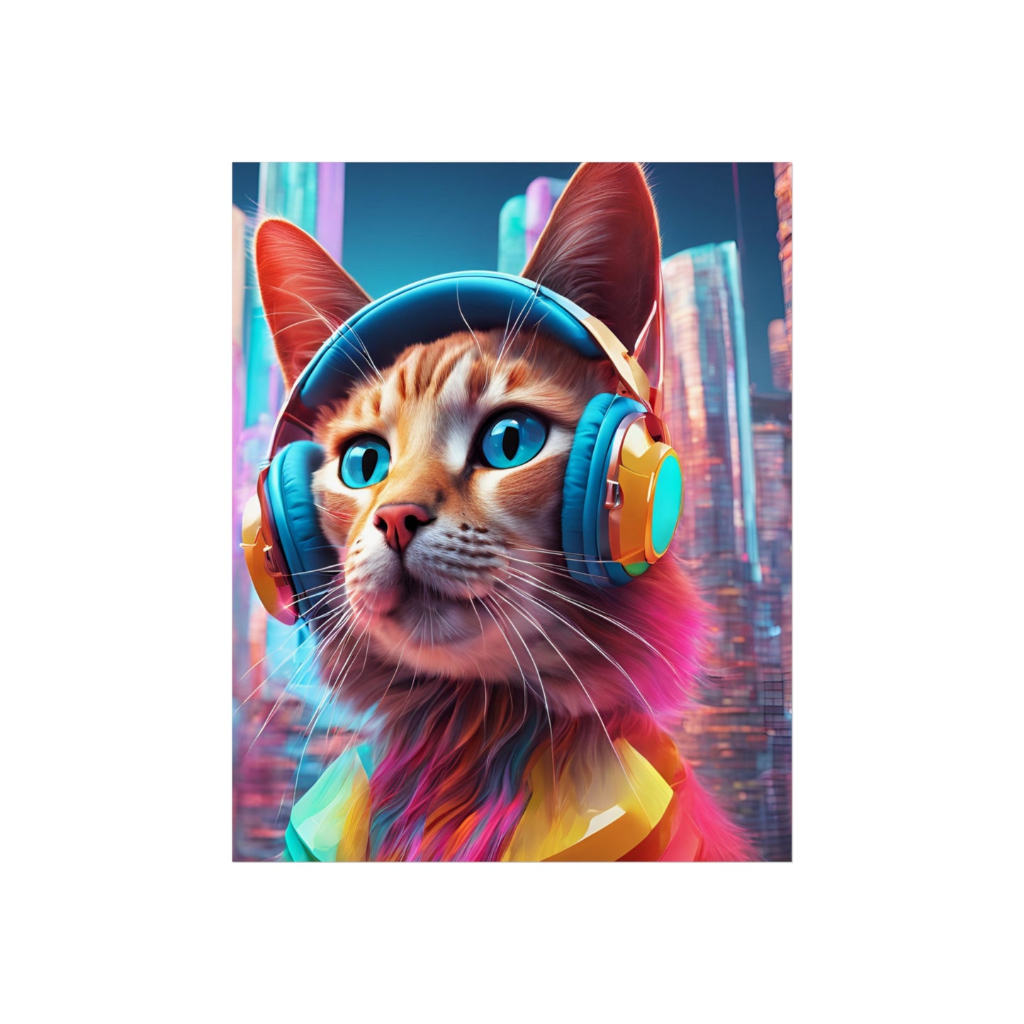 Poster: Cityscape Ginger Cat with Headphones