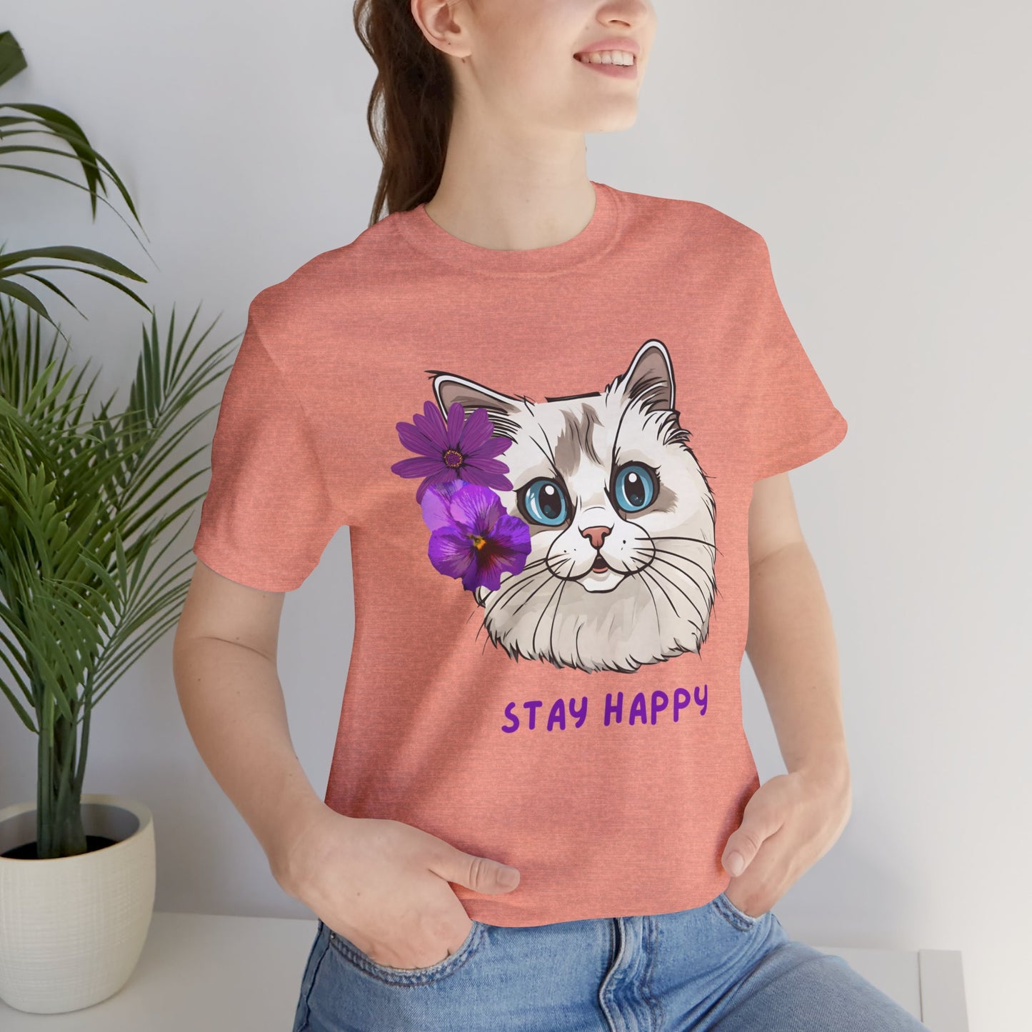 Cute Cat T-Shirt, Ragdoll Floral T-Shirt, Stay Happy Cotton T-Shirt