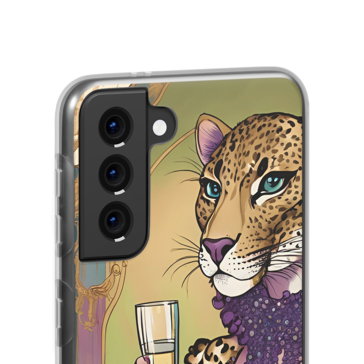 Whimsical Leopard Cat Flexi Phone Case, iPhone 15 14 13 , Samsung Galaxy Pixel Protective Case,Cat Lover Gift, Cat Lover Phone Case,Gift for her.