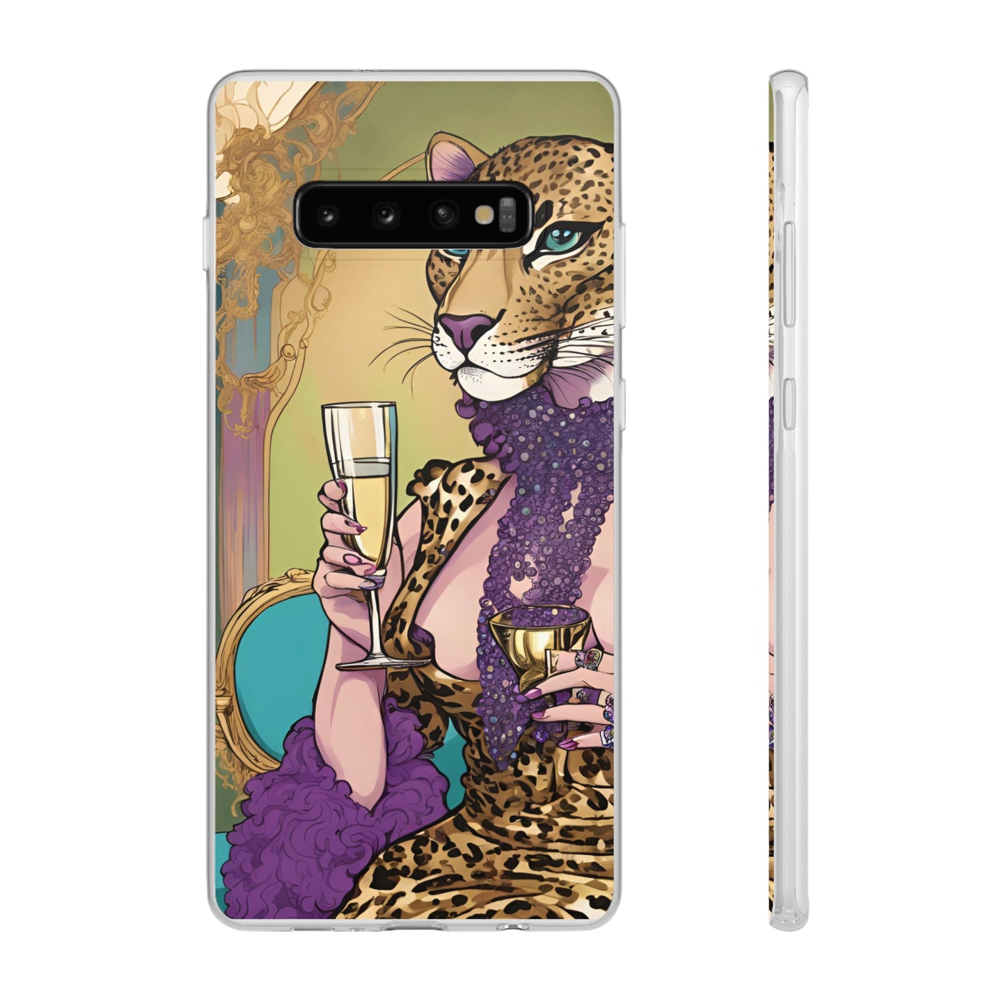 Whimsical Leopard Cat Flexi Phone Case, iPhone 15 14 13 , Samsung Galaxy Pixel Protective Case,Cat Lover Gift, Cat Lover Phone Case,Gift for her.